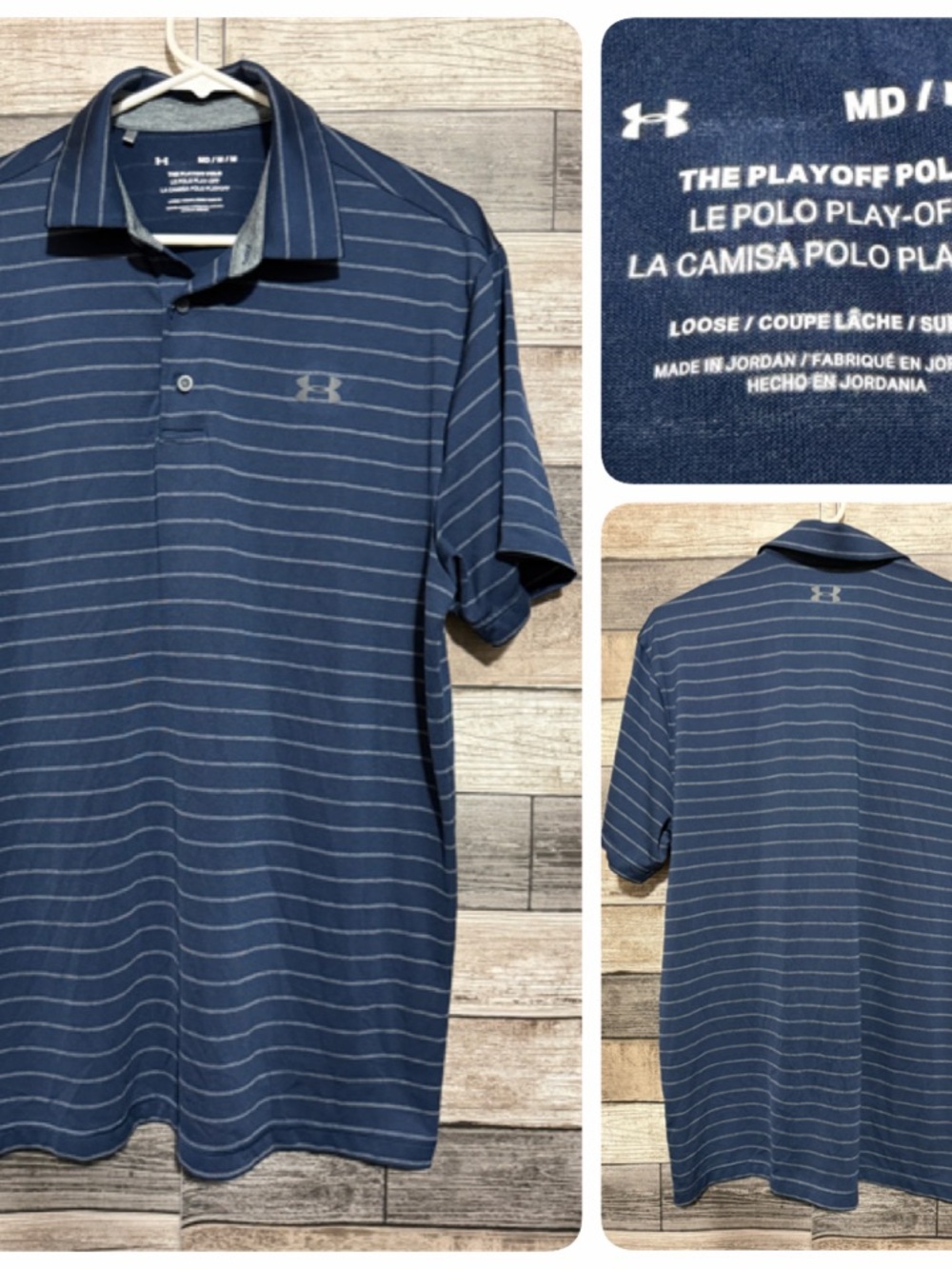 Under Armour The Playoff Polo Shirt Men’s M Navy Blue Striped Performance Golf